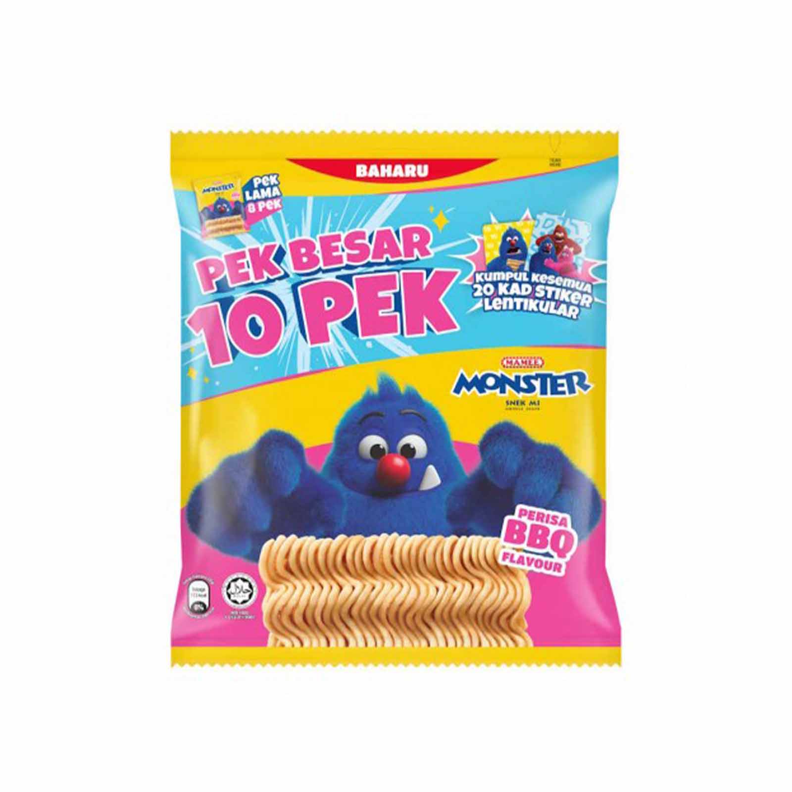 Mamee Monster Noodle Snacks BBQ Flavour Family Pack 20g x 10